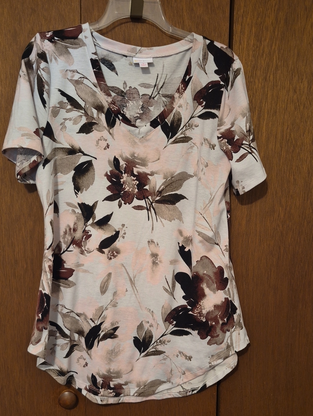 LuLaRoe Floral V-Neck Short Sleeve Top in Pink, Brown and Cream SZ S
